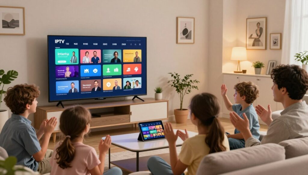 A modern living room showcasing a family watching IPTV channels on a large, sleek flat-screen TV. In the foreground, the family, dressed in casual but neat attire, is engaged in an animated discussion, reflecting the enjoyment of streaming entertainment. In the middle, a stylish coffee table is adorned with a tablet displaying the IPTV app interface, featuring colorful channel icons and a vibrant selection of shows. The background features a cozy atmosphere with soft lighting, a comfortable couch, and decorative elements that enhance a sense of technology and modern living. The walls are adorned with framed pictures and a few green plants, creating a warm inviting environment. A sense of excitement and convenience permeates the scene, highlighting the key benefits of IPTV services. Include the brand name "IPTVVUK.COM" subtly integrated into a digital format on the TV screen.