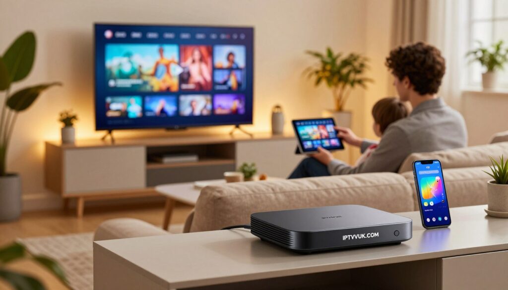 A modern living room showcasing an IPTV setup, emphasizing the device's compatibility with various screens including a smart TV, tablet, and smartphone. In the foreground, a sleek IPTV device branded "IPTVVUK.COM" is prominently displayed on a stylish entertainment unit, with elegant cable management visible. The middle ground features a cozy couch with a family member dressed in professional attire, interacting with the tablet, projecting a screen onto the TV. The background is softly lit, with warm, ambient lighting highlighting a vibrant, well-decorated room filled with plants and minimalist decor. The overall atmosphere is inviting and contemporary, illustrating the seamless integration of IPTV technology in daily life. The image should focus on clarity and sharp details, with a slight depth of field to keep the background subtly blurred.