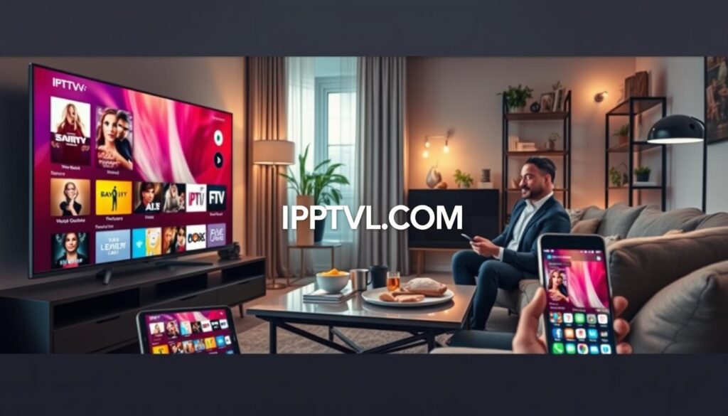 A modern living room showcasing an IPTV setup on various devices. In the foreground, a sleek smart TV displays a vibrant IPTV interface, featuring colorful thumbnails of TV shows and movies. Beside it, a tablet and a smartphone show the same IPTV app, emphasizing versatility. The middle ground includes a cozy couch with a person in professional business attire, intently navigating the apps on the devices, surrounded by a stylish coffee table with snacks and drinks. The background features soft ambient lighting, with a decorative bookshelf and indoor plants, creating a warm and inviting atmosphere. The scene incorporates natural light streaming through a window, enhancing the sense of comfort. Include the brand name "IPTVVUK.COM" subtly integrated within the IPTV interface on the TV screen.