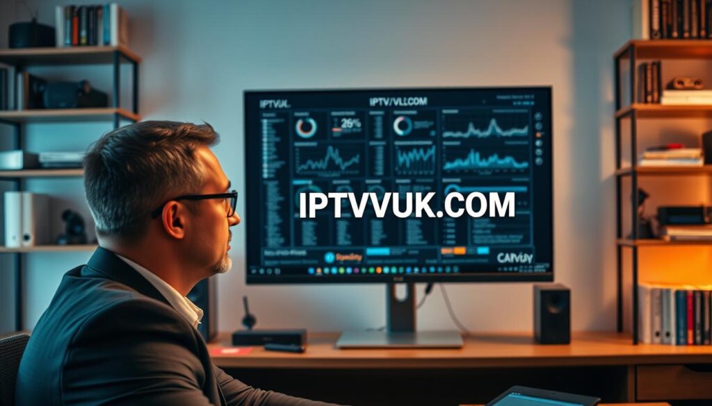 A modern office environment featuring a sleek computer setup displaying an M3U playlist validation interface on the screen. In the foreground, a professional individual wearing business attire is intently observing the screen, with a look of concentration. The middle layer showcases a large monitor, filled with graphs and data analytics related to IPTV service verification. Soft, ambient lighting illuminates the workspace, creating a warm and focused atmosphere. In the background, shelves filled with tech gadgets and books on streaming technologies suggest a high-tech environment. The brand name "IPTVVUK.COM" is subtly integrated into the computer screen's interface, enhancing the tech-savvy visual without overpowering the scene. The overall mood conveys diligence and expertise in the realm of IPTV and streaming verification, emphasizing the importance of M3U playlist validation. A modern office environment featuring a sleek computer setup displaying an M3U playlist validation interface on the screen. In the foreground, a professional individual wearing business attire is intently observing the screen, with a look of concentration. The middle layer showcases a large monitor, filled with graphs and data analytics related to IPTV service verification. Soft, ambient lighting illuminates the workspace, creating a warm and focused atmosphere. In the background, shelves filled with tech gadgets and books on streaming technologies suggest a high-tech environment. The brand name "IPTVVUK.COM" is subtly integrated into the computer screen's interface, enhancing the tech-savvy visual without overpowering the scene. The overall mood conveys diligence and expertise in the realm of IPTV and streaming verification, emphasizing the importance of M3U playlist validation.