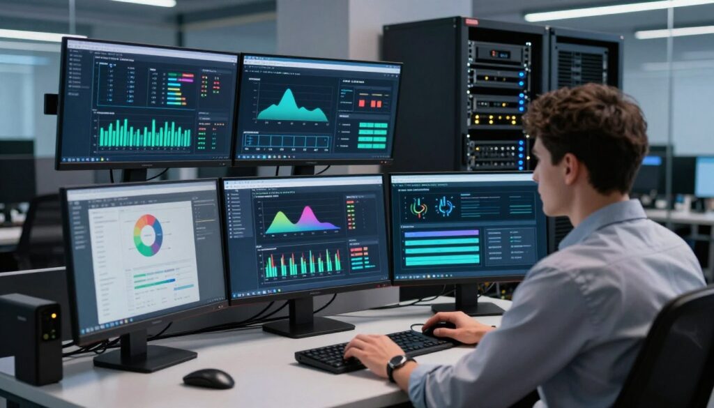 A modern office environment focused on IPTV server testing. In the foreground, a technician in professional attire is seated at a sleek desk, intently monitoring a computer displaying an IPTV server interface with colorful graphs and data streams. The middle layer showcases multiple monitors showing real-time testing results, signal strength indicators, and troubleshooting tools. In the background, a server rack filled with blinking router lights signifies the active IPTV setup. The lighting is bright and focused, casting soft shadows to emphasize the tech elements. The atmosphere is professional and dynamic, reflecting a serious approach to streamlining IPTV performance. The brand name "IPTVVUK.COM" is subtly integrated into the computer screen. A modern office environment focused on IPTV server testing. In the foreground, a technician in professional attire is seated at a sleek desk, intently monitoring a computer displaying an IPTV server interface with colorful graphs and data streams. The middle layer showcases multiple monitors showing real-time testing results, signal strength indicators, and troubleshooting tools. In the background, a server rack filled with blinking router lights signifies the active IPTV setup. The lighting is bright and focused, casting soft shadows to emphasize the tech elements. The atmosphere is professional and dynamic, reflecting a serious approach to streamlining IPTV performance. The brand name "IPTVVUK.COM" is subtly integrated into the computer screen.