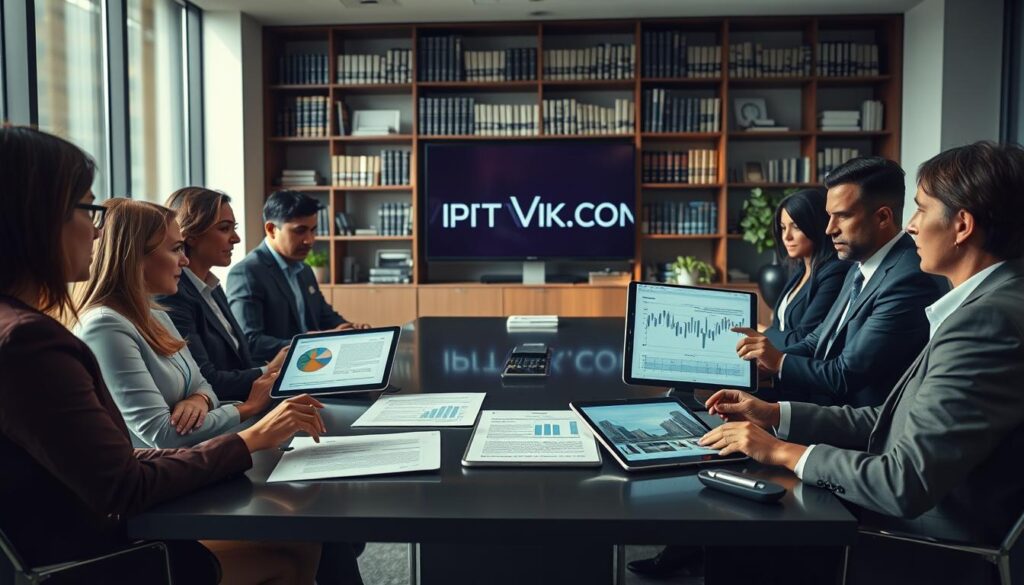 A modern office setting focused on IPTV licensing and distribution rights. In the foreground, a diverse group of professionals in smart business attire discuss legal documents, highlighting important clauses around media rights. The middle ground features a large conference table with digital tablets displaying graphs and licensing agreements. The background shows a sleek bookshelf filled with legal texts and industry reports. Soft, natural lighting streams in from large windows, creating a professional atmosphere. A subtle ambiance of focus and determination fills the room. The logo "IPTVVUK.COM" is incorporated into the office decor, perhaps framed on the wall or subtly on a screen. The composition is shot from a slightly elevated angle to capture the interaction among the professionals effectively.