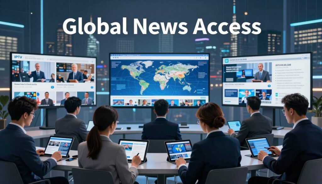 A modern, sleek digital landscape representing "Global News Access" for IPTV services. In the foreground, a diverse group of professionals dressed in business attire, attentively engaged with various devices like tablets and smartphones, showcasing news content. In the middle ground, an array of screens displaying live news feeds from around the world, with vibrant images, maps, and headlines. The background features a futuristic city skyline, subtly illuminated by soft, ambient lighting reflecting a sense of connectivity and progress. The atmosphere is dynamic yet professional, conveying the rapid, accessible nature of news in the digital age. Incorporate elements that suggest IPTV technology, with the brand name "IPTVVUK.COM" subtly integrated into the scene.