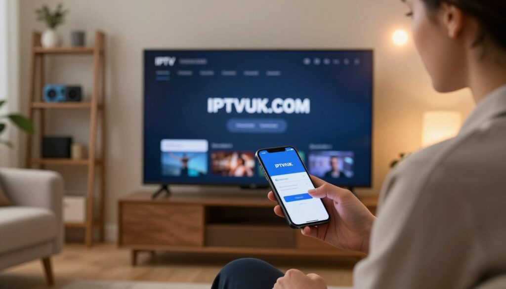A modern, sleek living room setting featuring a person in professional business attire, intently engaged in the IPTV code activation process on a smart TV. In the foreground, focus on a smartphone displaying the activation code, with the screen glowing softly. In the middle, the smart TV showcases an elegant interface for IPTV services, revealing the logo "IPTVVUK.COM". The background includes a cozy couch and decorative elements like a bookshelf with tech gadgets. The scene is lit with warm, ambient lighting, creating an inviting atmosphere, while a subtle lens flare adds depth. A low-angle perspective captures the person's focused expression, emphasizing their engagement with the IPTV setup process.