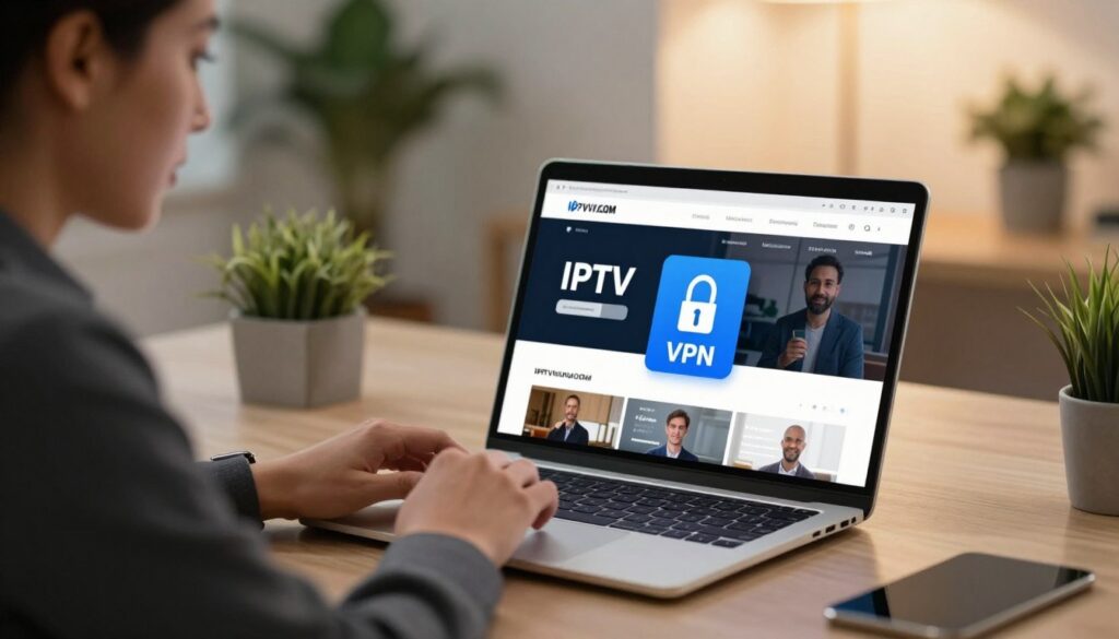 A modern workspace featuring a sleek laptop displaying a streaming platform interface, symbolizing IPTV on the screen. A VPN icon elegantly overlays the laptop screen, signifying secure internet access. In the foreground, a business professional in smart attire is thoughtfully examining the laptop, with an analytical expression. In the middle ground, blurred office decor and plants subtly add a sense of a productive environment. The background glows with soft, warm lighting, enhancing a cozy workspace atmosphere. The image should embody the concept of security and efficiency, visually representing the benefits of using a VPN for IPTV. Include the brand name "IPTVVUK.COM" in the design, ensuring it seamlessly integrates into the image.