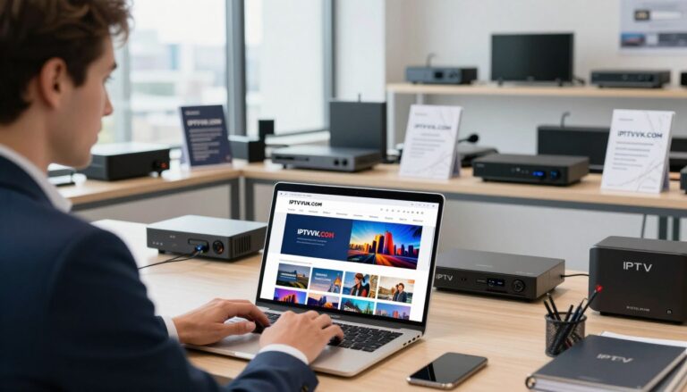 A professional IPTV reseller office setting filled with technology and visual elements reflecting the IPTV industry. In the foreground, a well-dressed business professional, wearing a smart suit, is focused on a laptop displaying the IPTVVUK.COM website, showcasing vibrant images of television content. In the middle ground, shelves lined with various IPTV devices and marbled brochures about service offerings create a sense of variety and choice. The background features large windows with city views, bathing the room in natural light, enhancing a modern, sleek atmosphere. The overall mood is professional and inviting, suggesting expertise and trust in the IPTV reseller business.