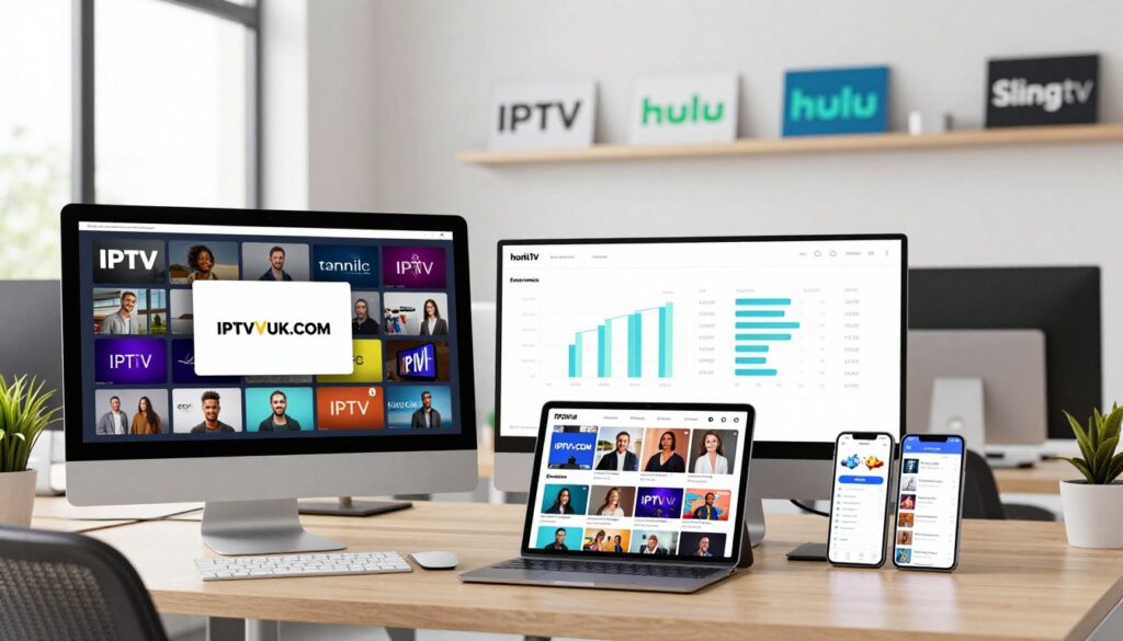 A professional and modern workspace showcasing the leading IPTV service providers in 2023. In the foreground, a sleek desktop computer displays the IPTVVUK.COM logo on the screen, surrounded by a vibrant array of IPTV channels. In the middle ground, neatly arranged charts and graphs illustrate pricing and features of top providers, with a stylish tablet and smartphone beside them displaying diverse content options. In the background, a bright office setting with equipped shelves featuring logos of other top IPTV brands, such as Hulu and Sling TV, adding depth. Soft, diffused lighting pours in through large windows, creating an inviting atmosphere. The image should convey a sense of innovation and professionalism, suitable for a technology-focused article.