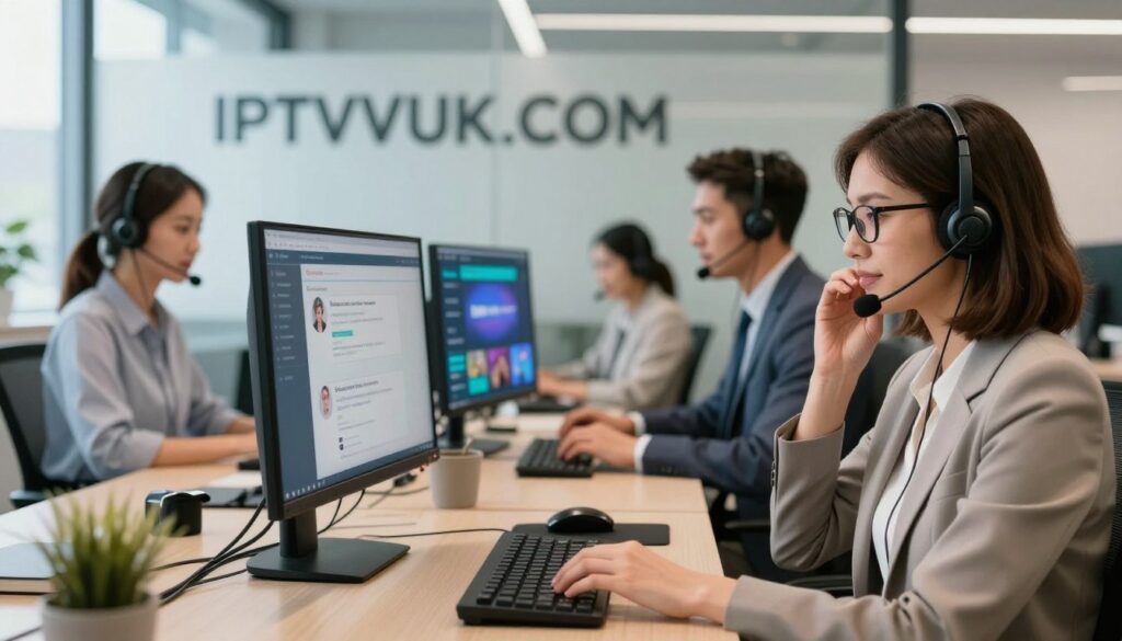 A professional customer support scene set in a modern office environment. In the foreground, a diverse group of three customer support representatives are attentively engaging with clients over headsets, wearing smart business attire. One representative is female, with short brown hair and glasses, displaying empathy while listening, while the other two are a male and a female, both depicting focused expressions as they type on computers. In the middle ground, sleek desks with dual monitors display customer inquiries and IPTV-related graphics, creating a high-tech atmosphere. The background features a glass wall displaying the logo "IPTVVUK.COM" prominently. The lighting is bright and inviting, with soft natural light streaming in from a window, creating a warm and professional mood that emphasizes high-quality service and support.