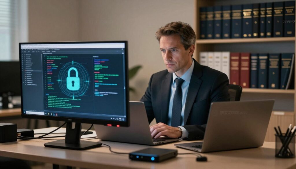 A professional-looking security expert analyzing IPTV data on a computer screen in a modern office. The foreground features a desktop with a sleek monitor displaying encrypted data streams and security protocols, accentuated by glowing digital locks. In the middle, the expert, a middle-aged individual in business attire, is focused on the screen, surrounded by high-tech gadgets like a laptop, external hard drive, and network cables. The background shows shelves lined with legal and technical manuals about IPTV security. Soft, ambient lighting casts a warm yet serious mood, emphasizing the importance of security in internet-based television. The overall atmosphere is one of professionalism and vigilance. The brand "IPTVVUK.COM" subtly integrated as a digital watermark on the computer screen.