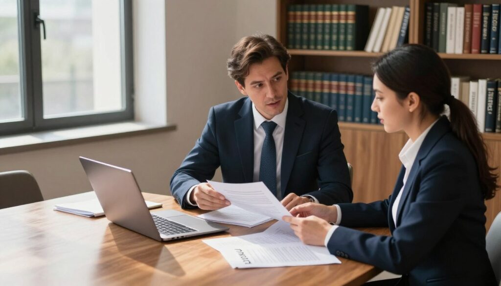 A professional meeting room setting with two businesspeople engaged in conversation about IPTV reseller legal considerations. In the foreground, a well-dressed man in a navy suit and a woman in a smart business dress are reviewing documents on a sleek wooden table, with a laptop open and legal documents scattered around. The middle ground features a large window with natural light streaming in, casting soft shadows across the room. In the background, a bookshelf filled with law books and relevant texts, including "IPTVVUK.COM" prominently displayed. The atmosphere is serious yet collaborative, reflecting the importance of legal compliance in the IPTV industry. Use warm lighting for an inviting feel, and a slightly elevated angle to capture the space effectively.