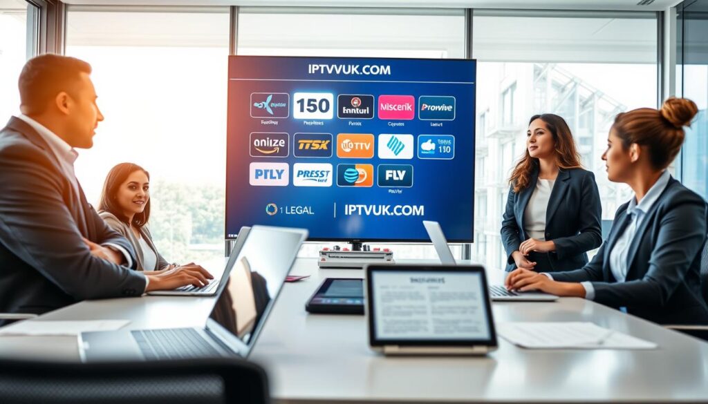 A professional office setting showcasing a group of diverse individuals discussing IPTV solutions. In the foreground, a confident male and female team member, both dressed in smart business attire, are analyzing a large screen displaying streaming service icons such as "IPTVVUK.COM" in a bright, modern conference room. The middle area features a sleek table with laptops, documents, and a digital device displaying legal terms and guidelines related to IPTV providers. The background consists of large windows with natural light illuminating the room, creating a vibrant, professional atmosphere. The overall mood conveys collaboration, trust, and innovation in media streaming. The image should have a soft focus to draw attention to the professionals engaged in discussion, emphasizing the legal aspects of IPTV services.