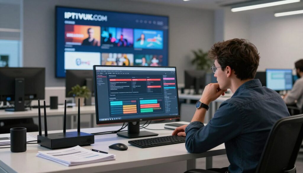 A professional office setting showcasing a high-tech IPTV troubleshooting environment. In the foreground, a focused technician examines a large computer monitor displaying various buffering solutions. The technician, dressed in smart casual attire, appears engaged and thoughtful, surrounded by digital devices such as routers and streaming boxes. In the middle ground, a sleek desk is cluttered with technical manuals and gadgets, reflecting an organized yet busy atmosphere. The background features a large screen showcasing the "IPTVVUK.COM" logo with streaming options and troubleshooting tips visualized. Soft, diffused lighting illuminates the scene, creating a professional yet approachable mood, with a slight bokeh effect enhancing the focus on the technician and the monitor.