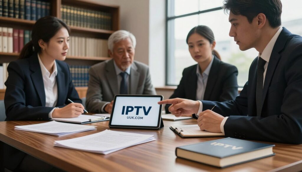 A professional office setting with a sleek wooden desk in the foreground, showcasing legal documents regarding IPTV services. On the desk, a tablet displays the logo of IPTVVUK.COM, surrounded by notes and a law book. In the middle ground, a diverse group of three individuals in business attire, engaged in a discussion about IPTV legal considerations; one person points at the tablet while another takes notes. The background features bookshelves filled with legal texts and a large window allowing natural light to illuminate the scene. The mood is serious yet collaborative, emphasizing the importance of understanding IPTV legality. The lighting is warm and inviting, with soft shadows to create depth. A slight low-angle perspective captures the intensity of their conversation while maintaining professionalism.