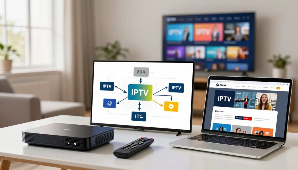 A professional setting depicting an IPTV setup guide. In the foreground, a neatly organized desk featuring a modern IPTV device, remote control, and a laptop displaying an IPTV setup interface. The middle ground showcases a detailed, colorful diagram or flowchart illustrating the step-by-step process to set up IPTV services, with arrows and icons for clarity. In the background, a well-lit room with a large flat-screen TV mounted on the wall, displaying IPTV content. Natural light floods in through a window, casting a warm glow throughout the scene. The atmosphere is informative and inviting, emphasizing technology and simplicity, with a focus on the brand "IPTVVUK.COM". A professional setting depicting an IPTV setup guide. In the foreground, a neatly organized desk featuring a modern IPTV device, remote control, and a laptop displaying an IPTV setup interface. The middle ground showcases a detailed, colorful diagram or flowchart illustrating the step-by-step process to set up IPTV services, with arrows and icons for clarity. In the background, a well-lit room with a large flat-screen TV mounted on the wall, displaying IPTV content. Natural light floods in through a window, casting a warm glow throughout the scene. The atmosphere is informative and inviting, emphasizing technology and simplicity, with a focus on the brand "IPTVVUK.COM".