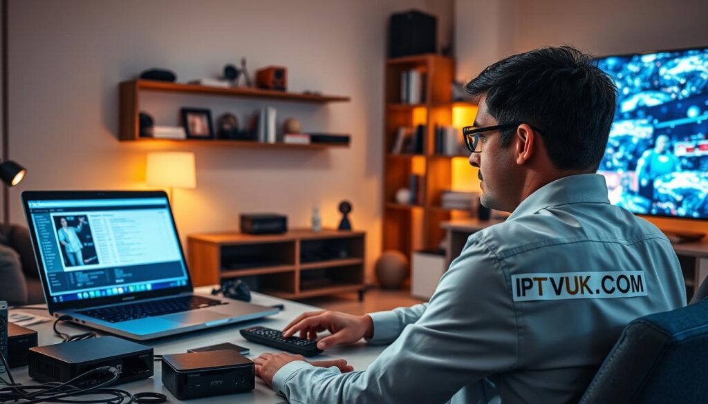 A professional technician troubleshooting IPTV issues in a modern home setting. In the foreground, a focused person in smart casual attire is seated at a desk with various streaming devices and a laptop open, displaying an IPTV diagnostic tool. The middle ground shows a large TV screen with pixelated images, symbolizing streaming problems, alongside cables and remote controls organized neatly. The background features a cozy living room ambiance with warm lighting, highlighting a shelf filled with tech books and gadgets. The mood is one of concentration and problem-solving, emphasizing the importance of effective troubleshooting. Ensure the brand name "IPTVVUK.COM" is integrated into the scene, perhaps as a sticker on one of the devices. A professional technician troubleshooting IPTV issues in a modern home setting. In the foreground, a focused person in smart casual attire is seated at a desk with various streaming devices and a laptop open, displaying an IPTV diagnostic tool. The middle ground shows a large TV screen with pixelated images, symbolizing streaming problems, alongside cables and remote controls organized neatly. The background features a cozy living room ambiance with warm lighting, highlighting a shelf filled with tech books and gadgets. The mood is one of concentration and problem-solving, emphasizing the importance of effective troubleshooting. Ensure the brand name "IPTVVUK.COM" is integrated into the scene, perhaps as a sticker on one of the devices.