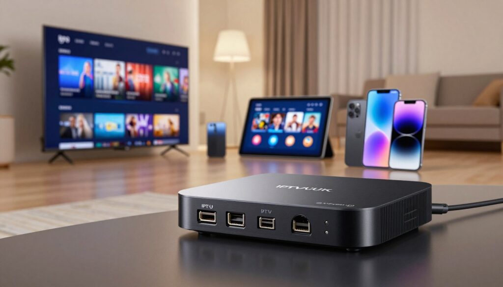 A sleek IPTV device prominently displayed in the foreground, showcasing its various ports and connections, symbolizing compatibility with multiple devices. In the middle ground, a range of compatible devices such as smart TVs, tablets, and smartphones are arranged in an inviting manner, demonstrating their seamless integration with the IPTV device. The background features a modern living room setting, bathed in soft, warm lighting to create a welcoming atmosphere. The scene captures a sense of convenience and modern technology, inviting viewers to imagine the smooth functionality of IPTV services. A subtle digital interface with icons representing various platforms can be faintly visible. The image should reflect a professional look, emphasizing the brand "IPTVVUK.COM" through the design of the IPTV device itself, with stylish curves and a modern aesthetic. Use a slight tilt from a low angle to enhance the prominence of the devices. A sleek IPTV device prominently displayed in the foreground, showcasing its various ports and connections, symbolizing compatibility with multiple devices. In the middle ground, a range of compatible devices such as smart TVs, tablets, and smartphones are arranged in an inviting manner, demonstrating their seamless integration with the IPTV device. The background features a modern living room setting, bathed in soft, warm lighting to create a welcoming atmosphere. The scene captures a sense of convenience and modern technology, inviting viewers to imagine the smooth functionality of IPTV services. A subtle digital interface with icons representing various platforms can be faintly visible. The image should reflect a professional look, emphasizing the brand "IPTVVUK.COM" through the design of the IPTV device itself, with stylish curves and a modern aesthetic. Use a slight tilt from a low angle to enhance the prominence of the devices.