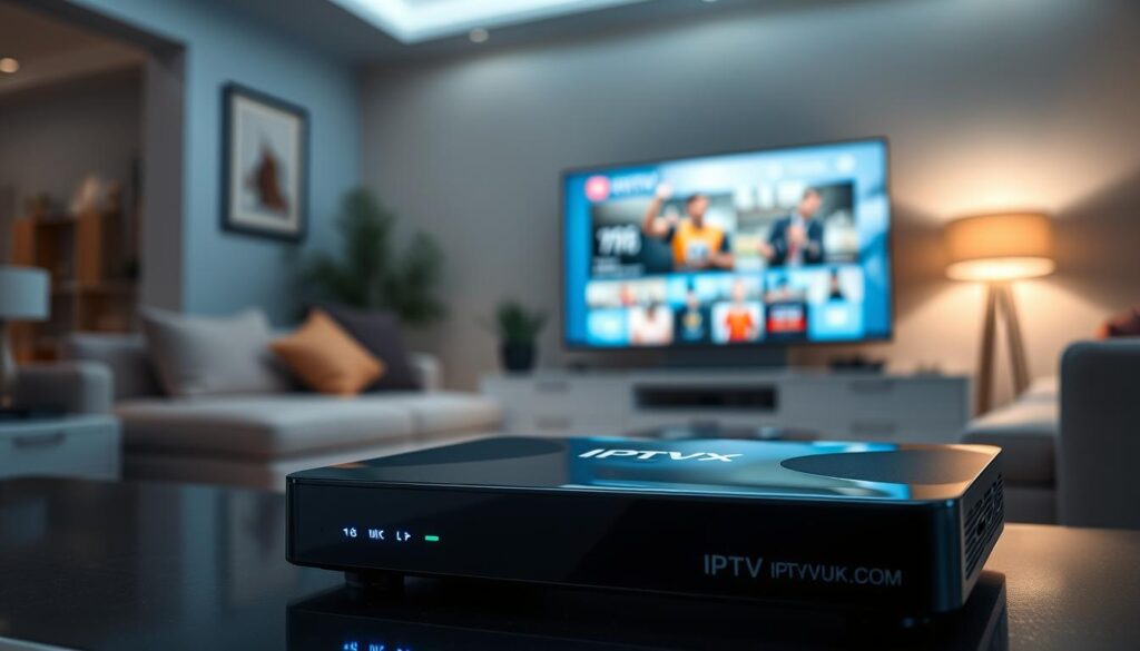 A sleek IPTV set-top box prominently displayed in the foreground, featuring a modern design with glossy black finish, illuminated LED indicators, and HDMI and ethernet ports visible on the side. In the middle ground, a stylish television with a vibrant display showcasing a streaming interface, suggesting high-quality video playback. The background includes a contemporary living room setup with soft ambient lighting, emphasizing a cozy and tech-savvy atmosphere. The scene is captured from a low angle to create a dramatic perspective, with soft focus on the edges to draw attention to the set-top box. The overall mood is inviting and sophisticated, ideal for showcasing IPTV technology. Include the brand name "IPTVVUK.COM" subtly integrated into the design of the set-top box without any text overlays or watermarks.