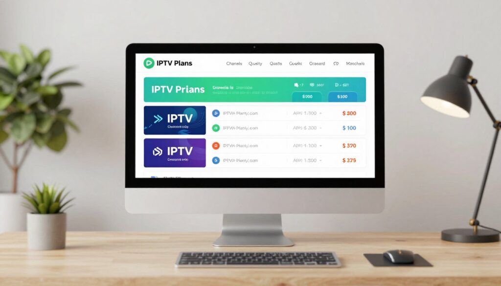 A sleek and informative image depicting an IPTV pricing plans comparison chart. In the foreground, showcase a vibrant, detailed infographic displaying three distinct IPTV service plans labeled clearly, with visual icons representing features like channels, streaming quality, and pricing. In the middle, include a stylized mockup of a computer screen displaying the chart, with a minimalistic home office setting in the background. The background should feature softly blurred elements like a plant and a modern desk lamp, creating a professional atmosphere. Utilize soft, natural lighting to enhance the clarity of the infographic, and select a wide angle to give a sense of depth. Convey a sense of organization and clarity while incorporating the brand name "IPTVVUK.COM" subtly within the chart, ensuring it's prominent yet seamless with the overall design.