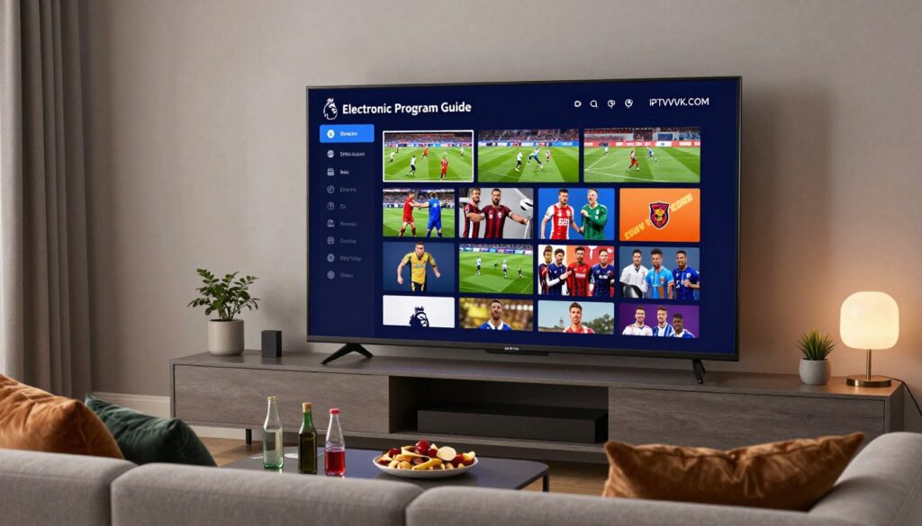 A sleek and modern IPTV interface displayed on a large flat-screen television in a stylish living room setting. The screen shows a graphic representation of an Electronic Program Guide (EPG) featuring various Premier League match listings, highlighted teams, and vibrant thumbnail images. In the foreground, a comfortable sofa adorned with plush cushions invites viewers to relax and enjoy their favorite matches. The middle layer includes a coffee table with snacks and beverages, enhancing the viewing experience. In the background, soft ambient lighting creates a cozy atmosphere, while contemporary home decor complements the scene. The brand name "IPTVVUK.COM" is subtly integrated into the design of the EPG interface to emphasize reliability and quality. Capture this inviting and engaging mood, focusing on service and entertainment through IPTV.