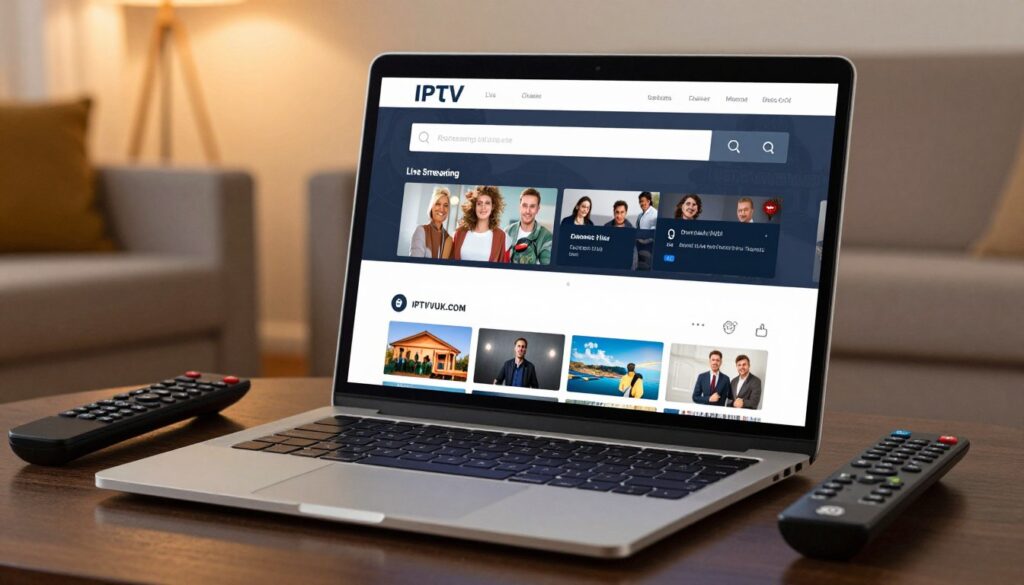 A sleek and modern IPTV web player interface displayed on a high-resolution laptop screen, showcasing essential features like live streaming, channel navigation, and on-demand content libraries. Bright, clear graphics illustrate features such as a search bar, recommended shows, and user-friendly controls. The background features a cozy living room setting with warm lighting, creating an inviting atmosphere. In the foreground, a stylish remote control rests beside the laptop, hinting at user interaction. The scene has a professional tone, emphasizing ease of use and modern technology. The brand "IPTVVUK.COM" is subtly included within the interface design. The image is shot from a slight angle, providing a dynamic perspective, with gentle ambient lighting enhancing the tech-savvy feel.