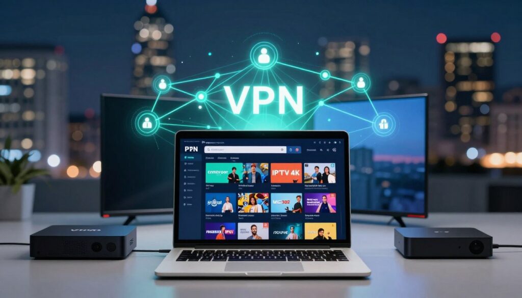 A sleek and modern digital workspace illustrating the concept of "VPN for IPTV 4K." In the foreground, a high-tech laptop displays an IPTV interface featuring vibrant 4K content, symbolizing high-quality streaming. Surrounding the laptop, a few devices like a smart TV and a streaming box signify versatility. In the middle ground, an abstract representation of a VPN connection with glowing nodes and secure lines emphasizes digital safety, rendered in futuristic colors like blue and green. The background consists of a blurred city skyline at night, creating a tech-savvy ambiance with soft bokeh lights. The image is well-lit with a focus on the laptop screen, capturing a professional mood. Brand name "IPTVVUK.COM" subtly integrated into the design without any text overlays or watermarks. A sleek and modern digital workspace illustrating the concept of "VPN for IPTV 4K." In the foreground, a high-tech laptop displays an IPTV interface featuring vibrant 4K content, symbolizing high-quality streaming. Surrounding the laptop, a few devices like a smart TV and a streaming box signify versatility. In the middle ground, an abstract representation of a VPN connection with glowing nodes and secure lines emphasizes digital safety, rendered in futuristic colors like blue and green. The background consists of a blurred city skyline at night, creating a tech-savvy ambiance with soft bokeh lights. The image is well-lit with a focus on the laptop screen, capturing a professional mood. Brand name "IPTVVUK.COM" subtly integrated into the design without any text overlays or watermarks.