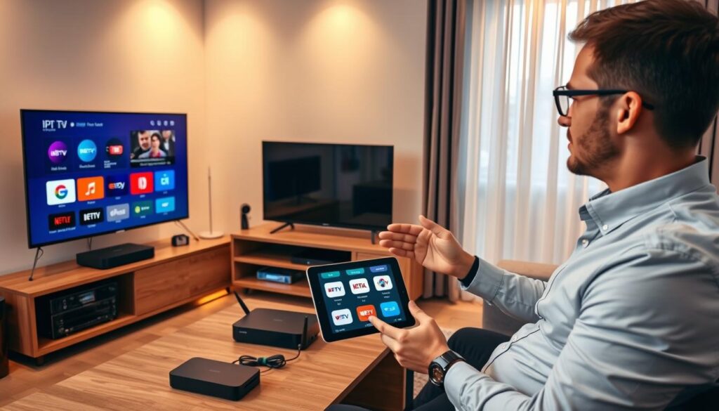 A sleek and modern living room featuring a stylish television setup, showcasing an IPTV system with various streaming device options on a wooden entertainment unit. In the foreground, a tech-savvy individual dressed in smart casual attire demonstrates how to connect the IPTV box to the TV and router, with step-by-step guides displayed on a tablet next to them. The middle section features a well-organized workspace with colorful cables and streaming logos subtly displayed. In the background, warm lighting creates a cozy atmosphere, with soft shadows from the window curtains adding depth to the scene. The overall feel is inviting and informative, perfect for illustrating a setup guide related to IPTV services. Include the brand name "IPTVVUK.COM" subtly on a device in the image.
