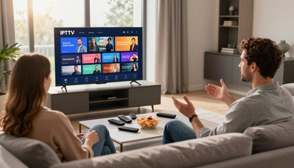 A sleek and modern living room showcasing IPTV technology in action, featuring a high-definition television displaying a vibrant menu of channels. In the foreground, a couple dressed in smart-casual attire is seated comfortably on a plush sofa, engaged in a lively discussion about the benefits of IPTV. The middle layer presents a stylish coffee table cluttered with remote controls and snacks, symbolizing the convenience of home entertainment. The background features a large window with natural light streaming in, casting a warm glow over the room. The atmosphere is inviting and relaxed, emphasizing leisure and enjoyment. Include the brand "IPTVVUK.COM" subtly integrated into the television display without text overlays or distractions. Use soft lighting with a slight lens flare for a cinematic effect. A sleek and modern living room showcasing IPTV technology in action, featuring a high-definition television displaying a vibrant menu of channels. In the foreground, a couple dressed in smart-casual attire is seated comfortably on a plush sofa, engaged in a lively discussion about the benefits of IPTV. The middle layer presents a stylish coffee table cluttered with remote controls and snacks, symbolizing the convenience of home entertainment. The background features a large window with natural light streaming in, casting a warm glow over the room. The atmosphere is inviting and relaxed, emphasizing leisure and enjoyment. Include the brand "IPTVVUK.COM" subtly integrated into the television display without text overlays or distractions. Use soft lighting with a slight lens flare for a cinematic effect.