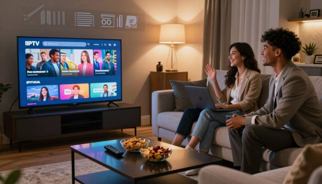 A sleek living room setting designed for watching IPTV, featuring a modern flat-screen TV displaying vibrant, high-definition content. In the foreground, a stylish coffee table with snacks and a remote control reflects a cozy viewing experience. The middle ground includes a comfortable sectional sofa with a couple of friends in professional business attire enjoying the stream, their faces lit up by the screen's glow. In the background, elegant decor with soft ambient lighting creates a warm atmosphere, emphasizing relaxation. A subtle digital overlay shows streaming bar icons, symbolizing a smooth connection and high streaming quality. The focus is on the joyful interaction with IPTV services. Include branding elements of "IPTVVUK.COM" subtly integrated into the decor. Capture the scene from a slightly elevated angle for a dynamic perspective, evoking a sense of enjoyment and digital connectivity.