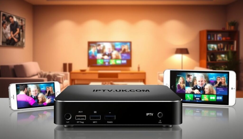 A sleek, modern IPTV device displayed prominently in the foreground, showcasing its various ports and connections. The device is surrounded by a few compatible devices like a smart TV, smartphone, and tablet, each displaying vibrant images of streaming content. In the middle ground, a cozy living room setting is depicted, with a comfortable sofa and soft lighting that creates a welcoming atmosphere. The background features a stylish entertainment unit, subtly hinting at advanced technology. The overall scene is well-lit with warm tones, creating an inviting mood. The brand name "IPTVVUK.COM" is subtly placed on the IPTV device, emphasizing compatibility. The image captures the essence of seamless entertainment and modern connectivity, appealing to viewers interested in IPTV services.