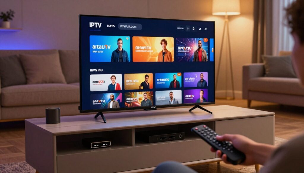 A sleek, modern living room featuring a high-definition IPTV device prominently displayed on a stylish entertainment center. In the foreground, a user interacts with a remote control, showcasing diverse IPTV device compatibility with various connections, including HDMI and USB ports. The middle layer captures vibrant screens displaying popular IPTV applications and channels, highlighting the versatility of the device. The background reveals plush seating and dim ambient lighting, creating a cozy atmosphere conducive to streaming. The setting is framed with warm, inviting colors, suggesting an ideal space for entertainment. Add a subtle branding element with “IPTVVUK.COM” in a discreet manner within the scene. The mood is relaxed and engaging, perfect for viewers seeking the best IPTV experiences.