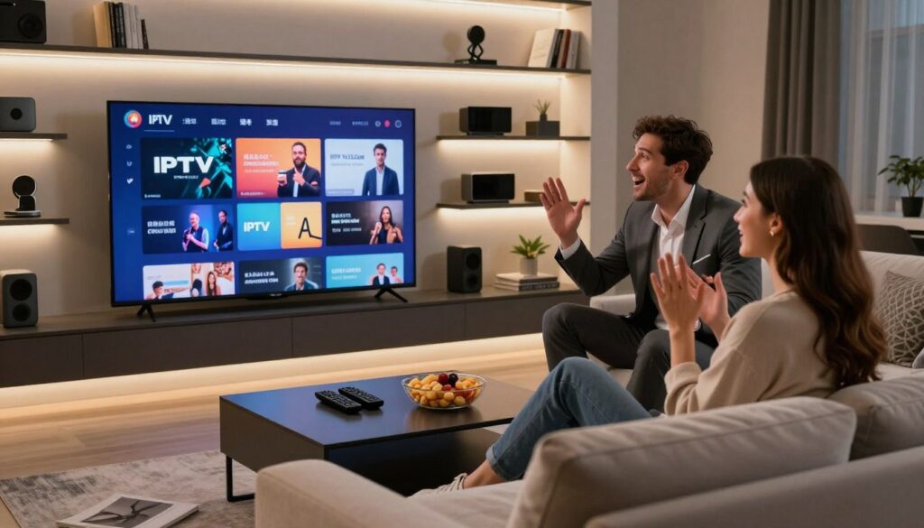 A sleek, modern living room featuring a high-resolution television displaying vibrant streaming content related to IPTV services. In the foreground, a well-dressed professional man and woman are sitting comfortably on a stylish sofa, both engaged in enjoying the show, with expressions of excitement and amusement. The middle ground showcases a stylish coffee table with remote controls and snacks, adding a cozy atmosphere. The background consists of elegant shelves filled with tech gadgets and books, illuminated by soft ambient lighting that creates a warm and inviting feel. The scene is captured from a slightly elevated angle, giving a comprehensive view of the space and mood. Incorporate elements showcasing "IPTVVUK.COM" subtly in the decor. The overall atmosphere reflects enjoyment and luxury in premium IPTV services.