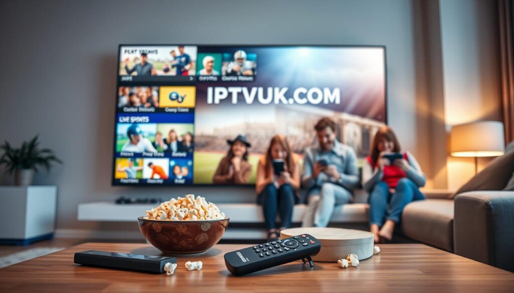 A sleek, modern living room featuring a stylish flat-screen TV displaying vibrant images of live sports and entertainment options. In the foreground, a remote control for IPTV service lays on a coffee table, beside a bowl of popcorn, suggesting a relaxed viewing experience. The middle layer showcases a family of diverse people, dressed in casual yet professional attire, joyfully engaging with the IPTV service on multiple devices, such as tablets and smartphones. The background is softly illuminated with warm lighting, creating a cozy atmosphere. Subtle details like streaming icons and vivid graphics represent the key features of the IPTV service. The overall mood is inviting and energetic, capturing the excitement of streaming live content. Prominently featuring "IPTVVUK.COM" on the television screen, enhancing the branding.