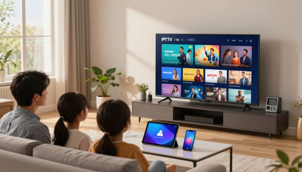 A sleek, modern living room scene showcasing the advantages of IPTV over traditional cable. In the foreground, a family gathered around a stylish smart TV, watching a vibrant streaming service interface, illustrating various channels and on-demand content. In the middle, a table with devices like a tablet and smartphone, highlighting the convenience of multi-device streaming. The background features a window with natural light streaming in, casting a warm glow, enhancing a cozy atmosphere. The room is decorated with contemporary furniture, plants, and tech gadgets. The overall mood is inviting and engaging, showcasing the seamless integration of technology into family entertainment. Integrate the brand name "IPTVVUK.COM" subtly within the scene, perhaps as part of the interface on the TV screen.