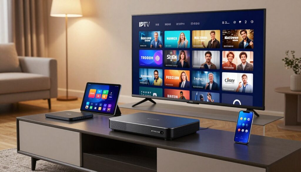 A sleek, modern living room setting designed for IPTV setups, featuring an IPTV-streaming device prominently displayed on a stylish entertainment unit. In the foreground, a high-definition television screen displays vibrant IPTV content, showcasing a variety of channels. On the middle layer, various compatible devices—such as a smart streaming box, a tablet, and a smartphone—are arranged artfully around the television. The background includes a cozy couch and soft ambient lighting to create a warm, inviting atmosphere. Highlight the brand name "IPTVVUK.COM" subtly on the device. Use a wide-angle lens effect to capture the entire scene, ensuring clear visibility of all devices while maintaining a professional, tech-savvy mood. A sleek, modern living room setting designed for IPTV setups, featuring an IPTV-streaming device prominently displayed on a stylish entertainment unit. In the foreground, a high-definition television screen displays vibrant IPTV content, showcasing a variety of channels. On the middle layer, various compatible devices—such as a smart streaming box, a tablet, and a smartphone—are arranged artfully around the television. The background includes a cozy couch and soft ambient lighting to create a warm, inviting atmosphere. Highlight the brand name "IPTVVUK.COM" subtly on the device. Use a wide-angle lens effect to capture the entire scene, ensuring clear visibility of all devices while maintaining a professional, tech-savvy mood.