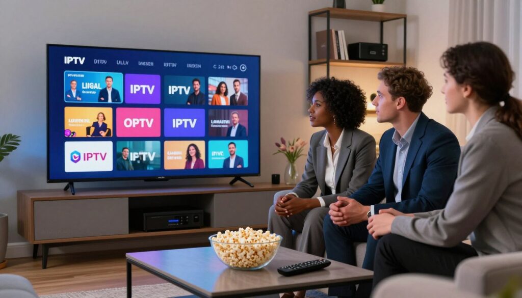 A sleek, modern living room setting designed for viewing IPTV content, featuring a large flat-screen television displaying a colorful, vibrant interface showcasing different streaming options. In the foreground, a stylish coffee table holds a bowl of popcorn and a remote control, indicating a cozy movie night atmosphere. In the middle, a diverse group of three individuals, dressed in professional business attire, gather around the television, engaged in a friendly discussion about IPTV services. The background includes a wall-mounted bookshelf with various entertainment devices and a soft, diffused lighting illuminating the space to create an inviting ambiance. Vivid colors highlight the contrast between legal and illegal IPTV options, symbolizing clarity and choice. The brand "IPTVVUK.COM" subtly integrated into the TV screen display enhances the focus, while maintaining a polished and professional look throughout.