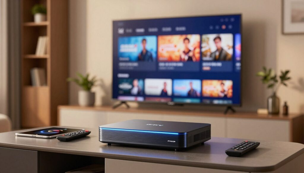 A sleek, modern living room setting featuring a high-end IPTV 4K streaming device prominently displayed on a stylish media console. In the foreground, the device is elegantly designed with a glowing LED display, surrounded by a few remote controls and a tablet. In the middle ground, a large flat-screen TV showcases vibrant 4K visuals of various streaming content. The room is well-lit with soft, warm ambient lighting creating a cozy atmosphere. In the background, a contemporary bookshelf and decorative plants add depth to the scene. Capture this in a clear, high-definition image with a slight depth of field effect, focusing on the IPTV device while softly blurring the background. Include the brand "IPTVVUK.COM" subtly represented on the device. A sleek, modern living room setting featuring a high-end IPTV 4K streaming device prominently displayed on a stylish media console. In the foreground, the device is elegantly designed with a glowing LED display, surrounded by a few remote controls and a tablet. In the middle ground, a large flat-screen TV showcases vibrant 4K visuals of various streaming content. The room is well-lit with soft, warm ambient lighting creating a cozy atmosphere. In the background, a contemporary bookshelf and decorative plants add depth to the scene. Capture this in a clear, high-definition image with a slight depth of field effect, focusing on the IPTV device while softly blurring the background. Include the brand "IPTVVUK.COM" subtly represented on the device.