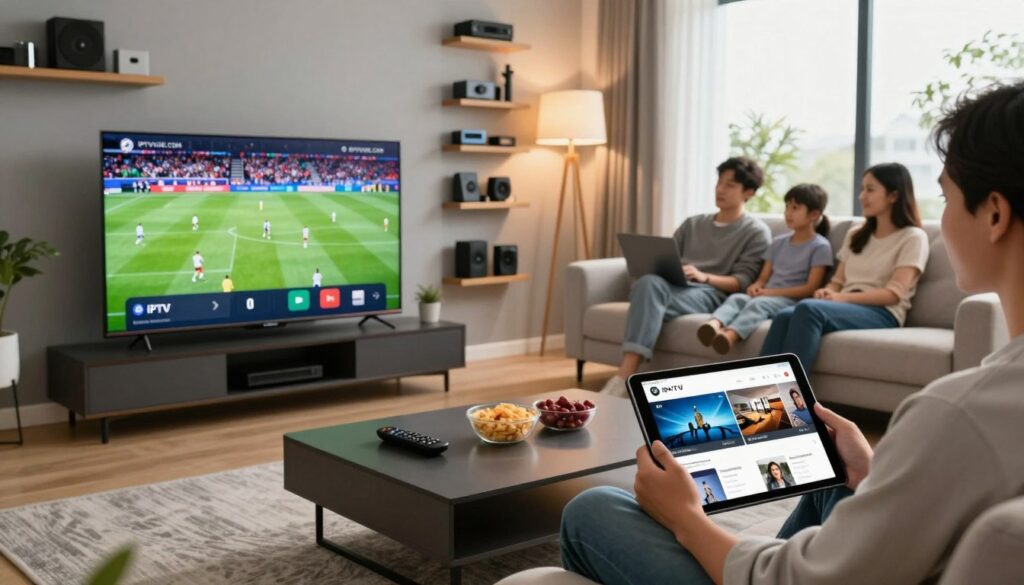A sleek, modern living room setting showcasing a family enjoying high-quality streaming on multiple screens, emphasizing IPTV service quality. In the foreground, a large flat-screen TV displays a vibrant sports game, while a tablet in another person's hand shows an internet streaming interface. The middle features a stylish coffee table with snacks and remote controls, alongside an elegant couch filled with relaxed viewers. The background includes shelves with organized tech gadgets, soft ambient lighting from floor lamps, and a large window letting in natural daylight, enhancing the cozy atmosphere. The overall mood is inviting and engaging, reflecting connectivity and modern entertainment. Incorporate a subtle logo of "IPTVVUK.COM" on the TV screen.