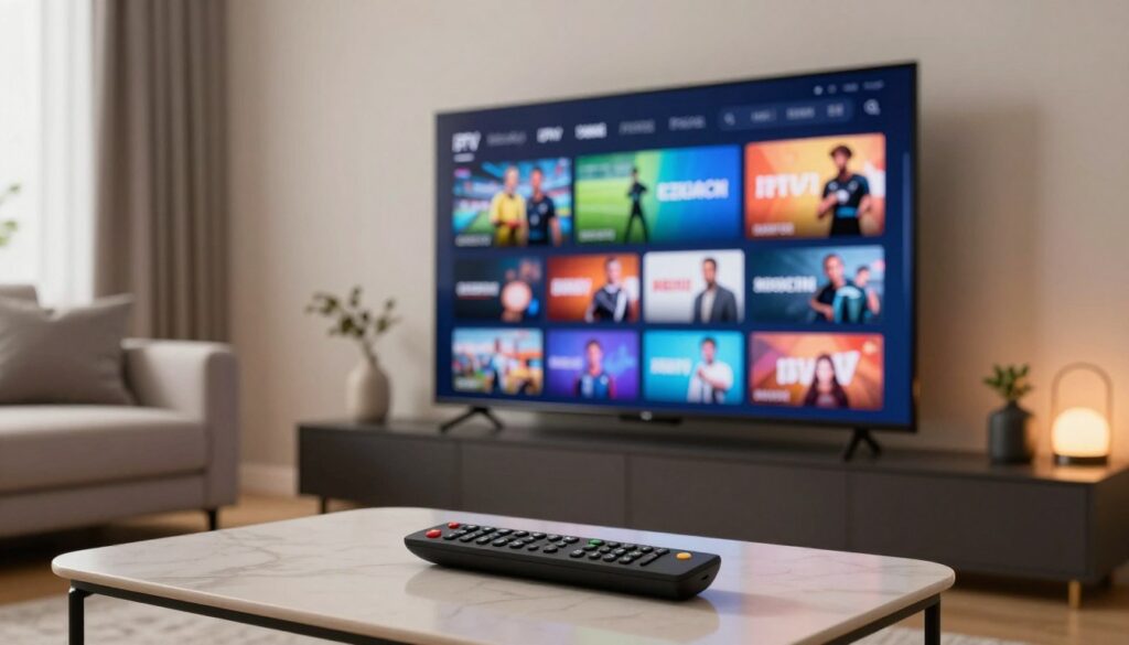 A sleek, modern living room setting showcasing various IPTV channels on a large, high-definition television mounted on the wall. In the foreground, a stylish remote control rests on a coffee table with a minimalistic design. The middle ground features the television displaying a vibrant selection of IPTV channels, illustrating diverse content like sports, movies, and news. The backdrop includes a cozy sofa with decorative pillows, ambient lighting creating a warm atmosphere, and a window with soft curtains allowing natural light to filter in. The scene conveys a sense of comfort and sophistication, inviting viewers to consider their streaming options. Include the brand name "IPTVVUK.COM" subtly integrated into the design of the television interface, emphasizing the focus on IPTV.