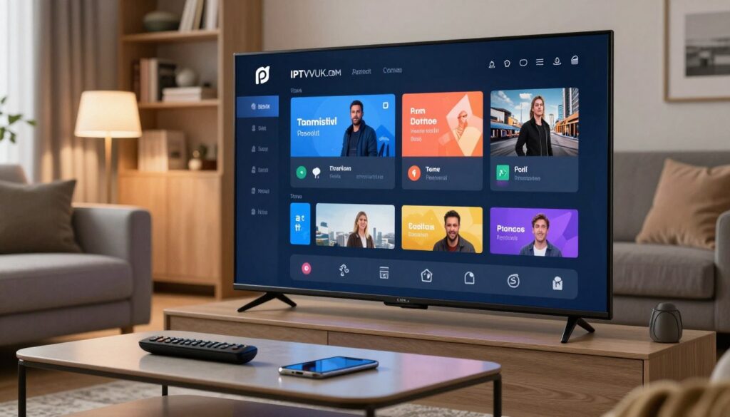A sleek, modern living room with a large flat-screen television displaying various IPTV user interface screens, showcasing customization options like channel selection, parental controls, and interface themes. In the foreground, a stylish coffee table holds a remote control and a smartphone, symbolizing advanced features. The middle ground features comfortable couches with tasteful decorations, suggesting a cozy viewing environment. The background shows a subtle bookshelf filled with entertainment-related books and a soft glow from stylish floor lamps, creating a warm and inviting atmosphere. Soft, natural lighting enhances the scene, with a focus on the TV screen details. The overall mood conveys sophistication and technology-driven comfort, emphasizing the brand "IPTVVUK.COM". A sleek, modern living room with a large flat-screen television displaying various IPTV user interface screens, showcasing customization options like channel selection, parental controls, and interface themes. In the foreground, a stylish coffee table holds a remote control and a smartphone, symbolizing advanced features. The middle ground features comfortable couches with tasteful decorations, suggesting a cozy viewing environment. The background shows a subtle bookshelf filled with entertainment-related books and a soft glow from stylish floor lamps, creating a warm and inviting atmosphere. Soft, natural lighting enhances the scene, with a focus on the TV screen details. The overall mood conveys sophistication and technology-driven comfort, emphasizing the brand "IPTVVUK.COM".