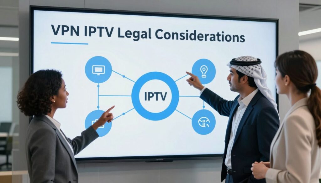 A sleek modern office environment as the background, featuring a large digital screen displaying a diagram of "VPN IPTV Legal Considerations." In the foreground, a diverse group of three professionals in business attire—a Black woman, a Middle-Eastern man, and a White woman—are engaged in a discussion, pointing at the screen. The lighting is bright and focused, with a slight reflection from the screen enhancing the atmosphere of innovation and professionalism. The image captures a sense of collaboration and responsibility, emphasizing the importance of legal awareness in the realm of VPN IPTV services. The logo "IPTVVUK.COM" subtly integrated into the digital screen design. Soft shadows add depth, creating a sophisticated and informative mood.