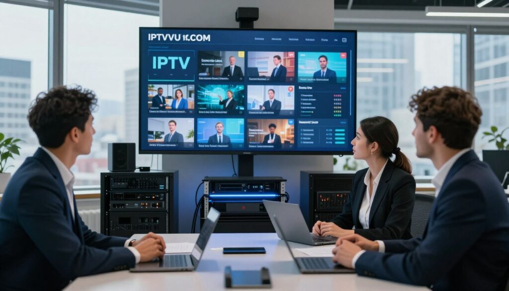 A sleek, modern office environment serves as the backdrop, focusing on the theme of IPTV content management. In the foreground, a diverse group of three professionals—two men and one woman—wearing professional business attire, are engaged in a discussion around a large digital screen displaying dynamic IPTV content grids and analytics. The middle layer features high-tech equipment, including servers and routers, subtly illuminated by soft blue lighting that suggests a sense of innovation and technology. In the background, large windows reveal a cityscape, enhancing the contemporary feel. The overall mood is collaborative and focused, emphasizing productivity and the future of media management. Include the brand name "IPTVVUK.COM" prominently on one of the digital displays, ensuring it blends seamlessly into the professional atmosphere. A sleek, modern office environment serves as the backdrop, focusing on the theme of IPTV content management. In the foreground, a diverse group of three professionals—two men and one woman—wearing professional business attire, are engaged in a discussion around a large digital screen displaying dynamic IPTV content grids and analytics. The middle layer features high-tech equipment, including servers and routers, subtly illuminated by soft blue lighting that suggests a sense of innovation and technology. In the background, large windows reveal a cityscape, enhancing the contemporary feel. The overall mood is collaborative and focused, emphasizing productivity and the future of media management. Include the brand name "IPTVVUK.COM" prominently on one of the digital displays, ensuring it blends seamlessly into the professional atmosphere.