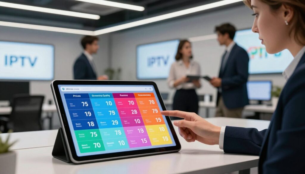 A sleek, modern office environment showcasing a detailed infographic comparing IPTV service features. In the foreground, a digital tablet displays a vibrant comparison chart highlighting key attributes such as pricing, channel selection, streaming quality, and customer support. The middle ground includes business professionals in smart attire engaging in discussion, analyzing the chart for decision-making insight. The background features a contemporary workspace with screens showing various IPTV service logos, including "IPTVVUK.COM," creating a tech-savvy atmosphere. The lighting is bright and focused, coming from overhead LED fixtures, enhancing clarity and vibrancy. The overall mood conveys a sense of professionalism and attention to detail, perfect for informing readers about essential IPTV features. A sleek, modern office environment showcasing a detailed infographic comparing IPTV service features. In the foreground, a digital tablet displays a vibrant comparison chart highlighting key attributes such as pricing, channel selection, streaming quality, and customer support. The middle ground includes business professionals in smart attire engaging in discussion, analyzing the chart for decision-making insight. The background features a contemporary workspace with screens showing various IPTV service logos, including "IPTVVUK.COM," creating a tech-savvy atmosphere. The lighting is bright and focused, coming from overhead LED fixtures, enhancing clarity and vibrancy. The overall mood conveys a sense of professionalism and attention to detail, perfect for informing readers about essential IPTV features.