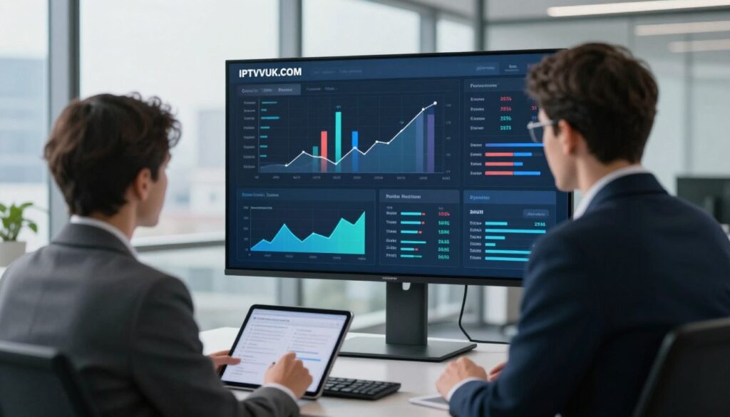 A sleek, modern office environment showcasing a professional-looking individual analyzing data on a large screen displaying a graphical interface of IPTV service reliability metrics. In the foreground, a well-dressed person in business attire is engaged with a tablet, emphasizing the technological aspect of IPTV. The middle ground features a high-resolution digital display with charts, graphs, and the brand name "IPTVVUK.COM" prominently shown, highlighting metrics like uptime and user satisfaction. The background reveals a cityscape through large glass windows, bathed in soft, natural light, creating a professional and contemporary atmosphere. The overall mood is focused and analytical, emphasizing the importance of reliability and legality in IPTV services.