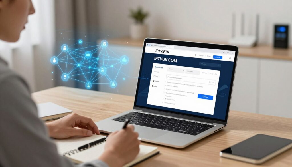 A sleek, modern workspace featuring a laptop displaying a user-friendly interface for configuring VPN IPTV services, with the brand name "IPTVVUK.COM" prominently visible. In the foreground, a professional individual in business attire is focused on the screen, with a notebook and pen nearby, jotting down configurations. The middle layer includes a vivid visualization of a digital network map, illustrating secure connections and data flow. The background showcases a cozy room with soft, warm lighting, minimalist decor, and a subtle hint of technology, such as a Wi-Fi router and smart devices. The mood is focused and productive, conveying a sense of professionalism and efficiency in setting up IPTV using a VPN connection.