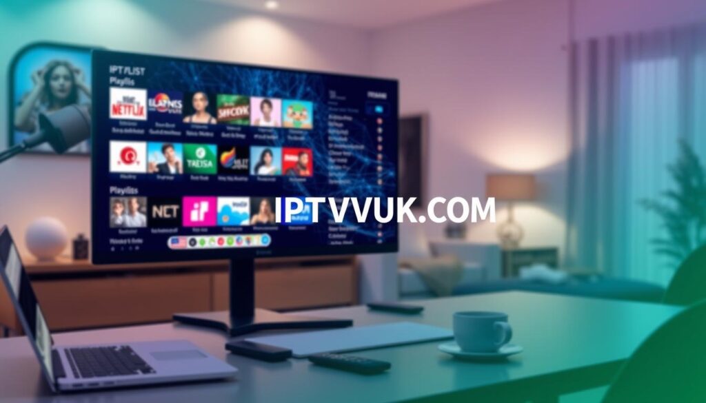 A sleek, modern workspace featuring a large monitor displaying an IPTV M3U playlist interface, with colorful thumbnails of various streaming channels. The foreground includes a well-organized desk with a laptop, a smart remote, and a cup of coffee, showcasing a sense of productivity. In the middle ground, an abstract representation of digital streams and signals intermingles dynamically, hinting at the high-tech nature of IPTV. The background fades into a blurred home environment with soft, ambient lighting, creating a warm and inviting atmosphere. A subtle digital aesthetic in hues of blue and green evokes a tech-savvy vibe. The brand name "IPTVVUK.COM" subtly integrated within the design, highlighting quality IPTV solutions.