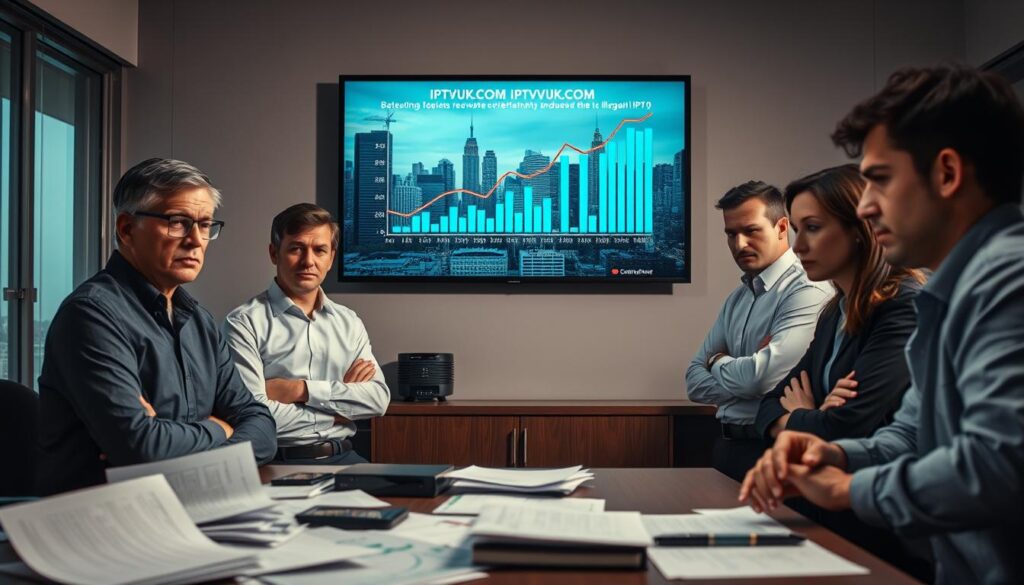 A somber urban office environment in the foreground, depicting a group of concerned business professionals in modest professional attire, gathered around a table strewn with documents about IPTV trends. Their expressions convey worry and determination. In the middle ground, a large wall-mounted screen displays statistics and graphs representing the decline in revenue for the entertainment industry due to illegal IPTV, with a prominent logo of "IPTVVUK.COM." The background reveals a bustling city skyline, suggesting the broader impact on society. Soft, dramatic lighting casts shadows, enhancing the mood of urgency and seriousness. The camera angle is slightly elevated, capturing both the professionals and the screen, highlighting the pressing issues faced by the industry.