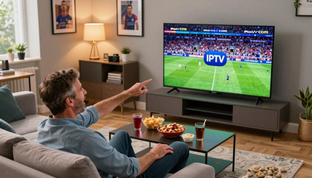 A vibrant and engaging scene depicting a sports enthusiast enjoying the best IPTV service for sports. In the foreground, a middle-aged man in casual but neat clothing is sitting comfortably on a modern sofa, with an excited expression, pointing at a large flat-screen TV displaying a thrilling live sports match. In the middle ground, a stylish coffee table is cluttered with snacks and drinks, enhancing the relaxed atmosphere. The background features a well-decorated living room with sports memorabilia and framed pictures of athletes on the walls, creating a sense of passion for sports. Soft, warm lighting casts a cozy glow, while the angle is slightly from above to capture the action on the screen. Include the logo or emblem for IPTVVUK.COM prominently showcased on the TV screen, emphasizing the IPTV service's branding. A vibrant and engaging scene depicting a sports enthusiast enjoying the best IPTV service for sports. In the foreground, a middle-aged man in casual but neat clothing is sitting comfortably on a modern sofa, with an excited expression, pointing at a large flat-screen TV displaying a thrilling live sports match. In the middle ground, a stylish coffee table is cluttered with snacks and drinks, enhancing the relaxed atmosphere. The background features a well-decorated living room with sports memorabilia and framed pictures of athletes on the walls, creating a sense of passion for sports. Soft, warm lighting casts a cozy glow, while the angle is slightly from above to capture the action on the screen. Include the logo or emblem for IPTVVUK.COM prominently showcased on the TV screen, emphasizing the IPTV service's branding.