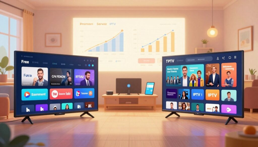 A vibrant digital illustration depicting a side-by-side comparison of free versus premium IPTV services. In the foreground, a sleek television screen displaying two interfaces: one showcasing a limited selection of channels and the other a rich array of high-definition options. The middle ground features charts or graphs symbolizing viewership and service quality, with icons for popular streaming devices such as smart TVs and tablets. The background is a cozy living room, softly lit to create a warm atmosphere, hinting at the enjoyment of streaming. Use a wide-angle perspective to enhance depth and engagement. Ensure that the brand name "IPTVVUK.COM" is subtly integrated into the design, without any text overlays. The overall mood conveys a sense of choice and modern technology.
