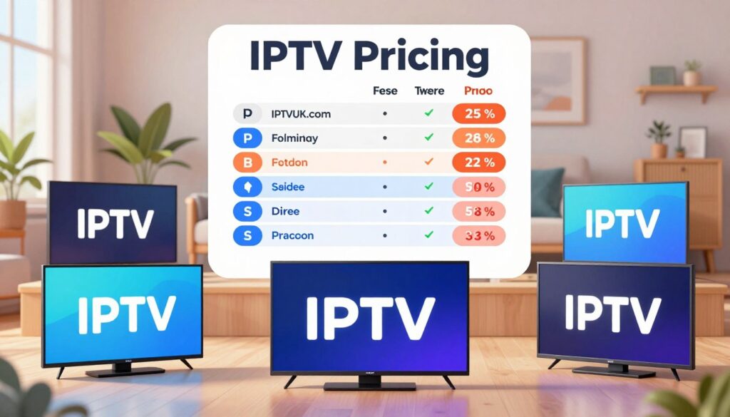 A vibrant illustration comparing IPTV pricing with a clear, organized layout. In the foreground, showcase several sleek, modern television screens displaying various IPTV service logos, including "IPTVVUK.COM," with bright icons representing different pricing tiers. In the middle, a visually appealing chart or graph clearly depicting the comparison of service features and prices, with distinctive colors for each service. In the background, a contemporary living room setting with soft lighting, inviting furniture, and a subtle focus on user engagement, suggesting a comfortable viewing experience. The overall mood is informative yet engaging, designed to draw readers into the topic of IPTV deals. A vibrant illustration comparing IPTV pricing with a clear, organized layout. In the foreground, showcase several sleek, modern television screens displaying various IPTV service logos, including "IPTVVUK.COM," with bright icons representing different pricing tiers. In the middle, a visually appealing chart or graph clearly depicting the comparison of service features and prices, with distinctive colors for each service. In the background, a contemporary living room setting with soft lighting, inviting furniture, and a subtle focus on user engagement, suggesting a comfortable viewing experience. The overall mood is informative yet engaging, designed to draw readers into the topic of IPTV deals.
