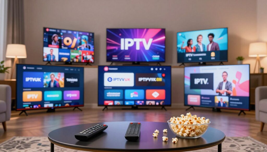 A visually appealing comparison of various IPTV services, showcasing multiple TV screens displaying an array of streaming platforms and logos, including the brand "IPTVVUK.COM". Foreground features a sleek coffee table with a remote control and popcorn, symbolizing home entertainment. In the middle, vibrant TV screens arranged in a semi-circle, each featuring unique interface designs and colorful logos for the IPTV services being compared. Background includes a modern living room setting with soft lighting enhancing a cozy atmosphere, capturing the essence of relaxed streaming. The scene is well-lit, with a warm ambiance, and captured from a slightly elevated angle, creating a dynamic perspective that invites viewers to explore and compare the services visually.